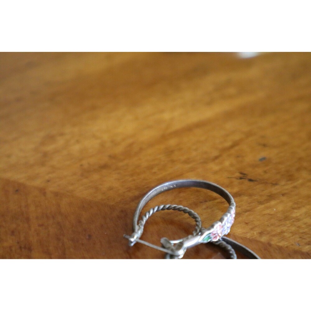 Vintage NV Nevada Silver Mine Sterling 925 Double Hoop Earrings Enamel Flower - Picture 10 of 12